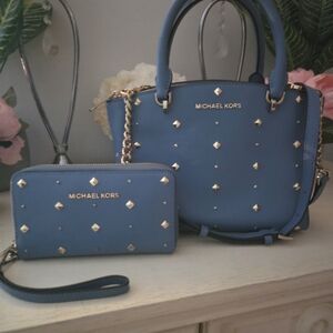 Michael Kors Blue Studded Handbag and Wallet Set
